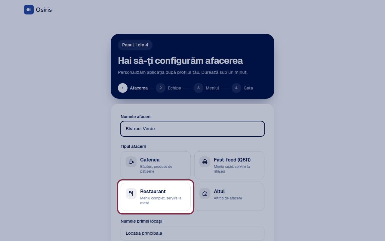 Pasul 1: Numele afacerii și tipul ei